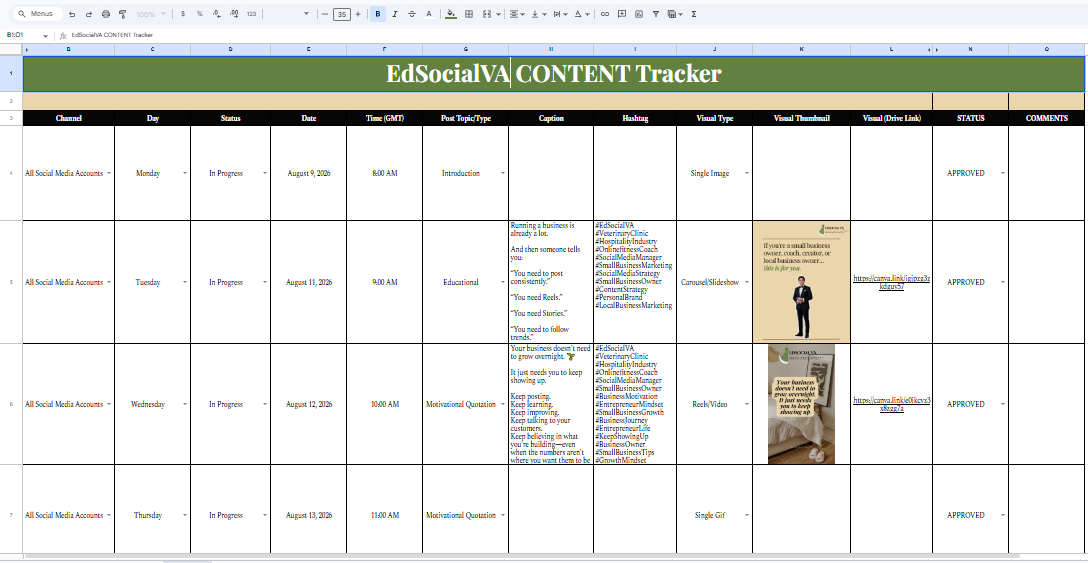 Screenshot of the EdSocialVA 30-day content tracker spreadsheet with channel, day, caption, and status columns